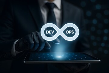 a glowing devops infinity loop floats above a tablet touched by a suited professional. concept of co