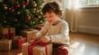 © Nataliia Pyzhova - Christmas morning joy as young boy opens gift by decorated tree in cozy living room with warm sunlight. Holiday excitement and childhood magic. Unwrapping happiness.