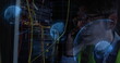 © vectorfusionart - Calling tech wearing safety vest inspecting rack cables in server room, digital globes, copy space