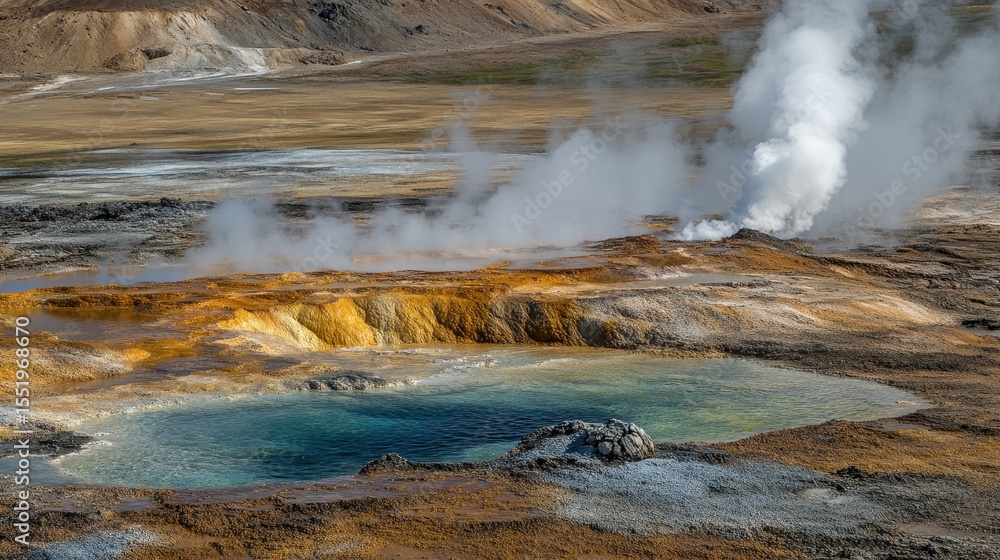 Colorful geothermal pool with steam and mineral deposits in landscape