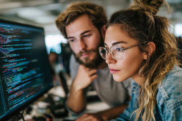 Man and woman looking at computer screen with code in office. Software development, teamwork, cybersecurity.