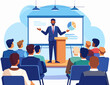 © hendri - Business Presentation with Speaker and Audience in Blue Tones Illustration of Man Giving a Presentation on a Stage to Group of People in Auditorium