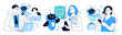 © Irina Strelnikova - Artificial intelligence in medicine set. Doctor characters use ai tools for patient support, diagnosis, medical analysis. Healthcare technology concept. Vector illustration.
