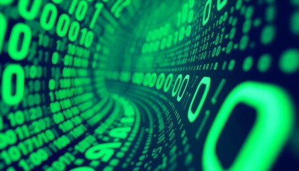abstract digital tunnel of green binary code flowing towards the viewer, representing data and techn