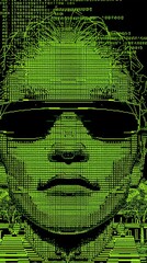Cybersecurity expert analyzing code with sunglasses in a digital environment, vertical video