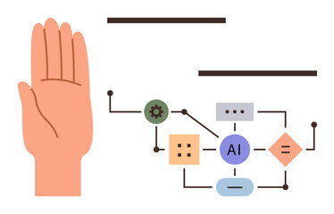 hand gesture beside connected ai elements, rectangles, circles, and flowchart symbols. ideal for ai,