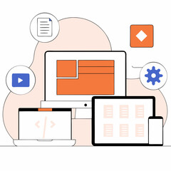 comprehensive flat illustration showcasing web development and digital media, featuring various devi