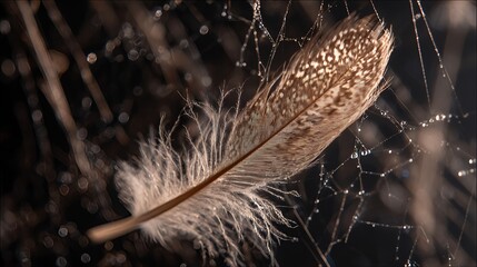 Feather on spiderweb with dew drops macro close up nature wildlife photo art