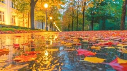  A wet park alley covered in colorful autumn leaves, reflecting the warm glow of streetlights on a rainy evening. Moody and romantic seasonal scene.