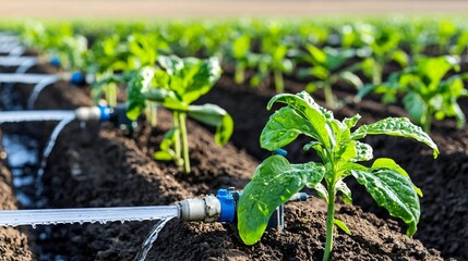 Wall Mural - a wide-angle view of a drip irrigation system in dry farmland, rubber hoses neatly laid between crop rows, water droplets clinging to dark soil, clean background with soft light