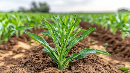 Wall Mural - a panoramic sugar beet field under flat overcast light, mature leafy tops spread across tilled dark soil, rich color difference adds realism, background horizon with subtle tree line, wide composition