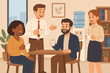 © Jamine - Diverse colleagues socializing during coffee break in modern office, team building communication, water cooler chat, workplace relaxation, cartoon vector illustration, business environment