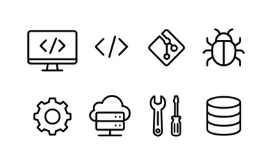 Coding and development icons: programming, bug, cloud, database, tools