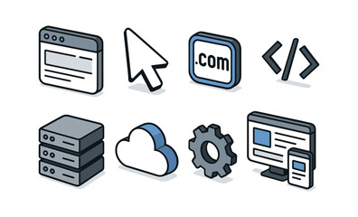 Wall Mural - Web development icons: browser, cursor, domain, code, server, cloud, gear, responsive design
