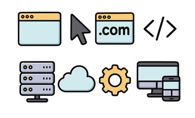 Wall Mural - Web development icons: browser, cursor, server, cloud, gear, code, devices