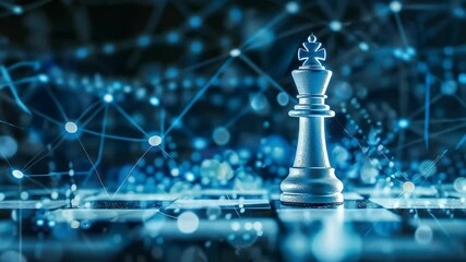 A leader with intelligence and ideas can make an impact and change the concept of the digital world. White chess king with blurred graphics. Computer network binary data on blue dark background.