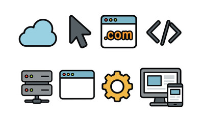 Wall Mural - Web development icons: cloud, cursor, domain, code, servers, browser, gear, devices