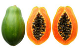 Whole green papaya and two halves of ripe orange papaya with seeds ripe papaya halves