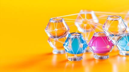 Interconnected glass beads network on yellow background