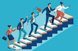 © Iftikhar alam - Business professionals navigate upward steps in dynamic teamwork during a corporate event in a modern office environment