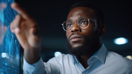young african programmer engineer deeply engrossed, navigating a digital interface with focused inte