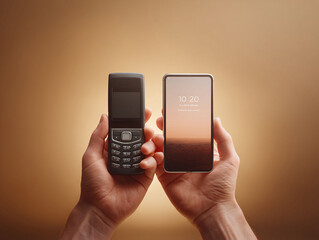 hands holding old vs new mobile phones, showcasing technology evolution. concept for progress, chang