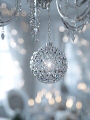 Wall Mural - sparkling christmas ball hanging from a crystal chandelier on a white background, chandelier decorat