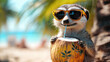 © syhin_stas - A funny, adorable animal dressed in summer Hawaiian clothes and sunglasses, sipping from a coconut with a straw, enjoying the tropical beach background. Vacation .Funny meme with copy space and banner