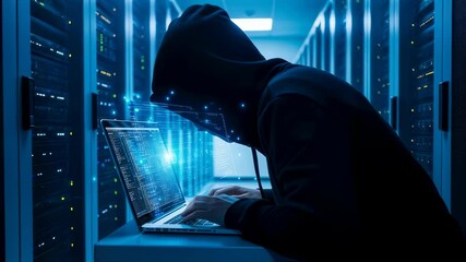 Man in hoodie working on laptop with glowing data in server room. Cybersecurity, hacking, and digital information concept footage.
