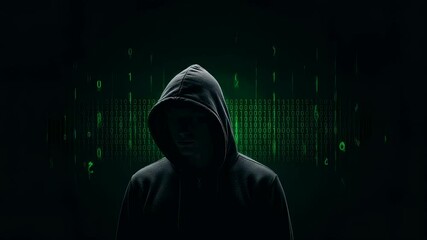 Hooded male figure digital identity in matrix. Cyber security and dark web concept. Modern data crime footage.