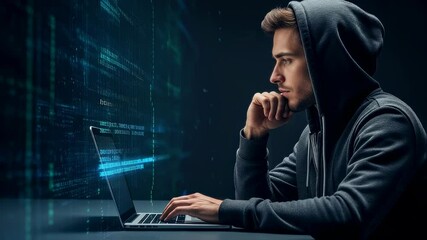 Man in hoodie working on laptop with digital data and code behind him. Cyber security and programming concept with futuristic interface footage.