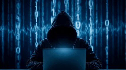 Hooded male hacker using laptop for cyber attack, digital crime concept footage
