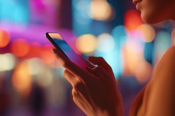 A person holds a smartphone with a vibrant bokeh lights background at night.