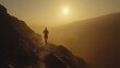© Nadzeya - The silhouette of a lone runner is captured on a mountain trail against a spectacular orange sunset. Layers of hills and misty valleys create a breathtaking landscape, evoking a sense of freedom, endu