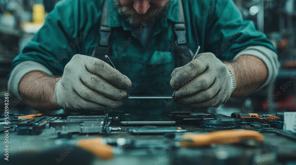 A technician focuses intently on repairing a smartphone, surrounded by various tools necessary for the delicate task, highlighting craftsmanship and attention to detail.
