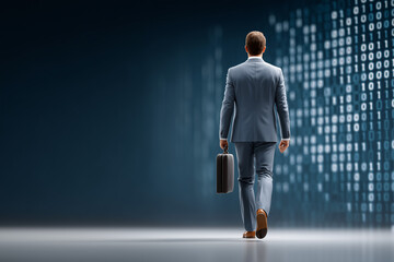 A businessman walking forward with a suitcase in the technological digital background. This image creates a visual representation of progression into digital world.