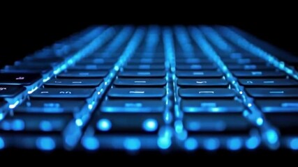 Wall Mural - bluebacklit keyboard keys lit rows receding into a dark background with a shallow depth of field