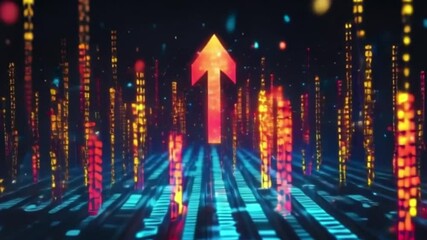Wall Mural - digital landscape red arrow flanked by orange columns over blue grid