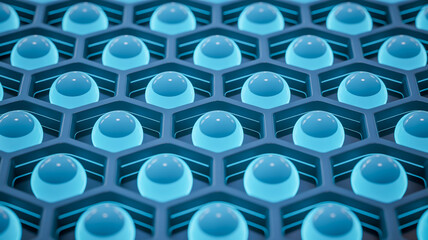 A close-up macro photograph of a hexagonal honeycomb pattern with glowing blue spheres nestled within each cell