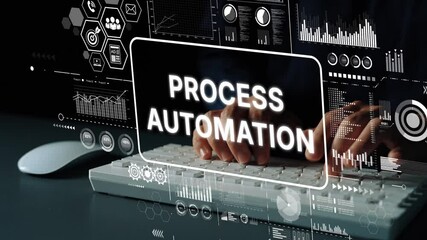 Process Automation Concept with Hands on Keyboard and Digital Interface Elements Displayed on Screen. Asymptotic smart data analytic.