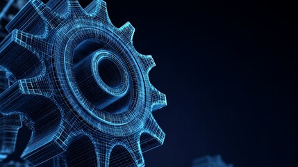 Abstract Blue Digital Gear Wireframe Technology Background Modern Engineering Design Industrial Mechanical Part Innovation Futuristic 3D Model Blueprint Graphic Cog Dark Grid Mesh 