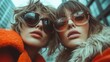 © svastix - Two stylish women with sunglasses and trendy outfits pose confidently against an urban backdrop, showcasing their fashion sense and friendship in a cool, modern setting.