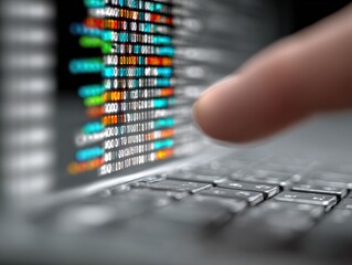 close-up of a person's finger interacting with a digital binary code and programming on a futuristic