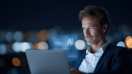 businessman using tablet at night with holographic ai and technology interface on digital screen for