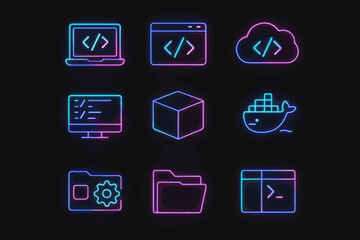 Neon icons of coding and development tools on dark background