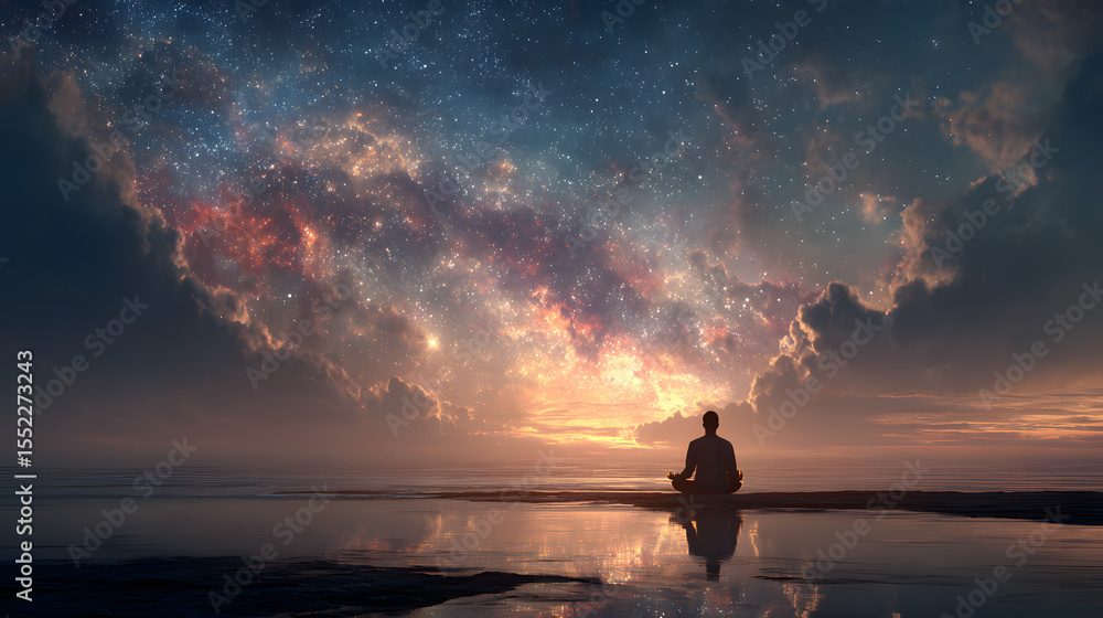 Silhouette of a person meditating filled with a cosmic galaxy. Concept ...