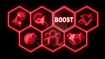 Neon line Boost concept button on a futuristic computer screen display with hexagon shapes and sciencetic symbols on rotating world map icon. technology network background