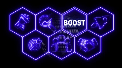 Neon line Boost concept button on a futuristic computer screen display with hexagon shapes and sciencetic symbols on rotating world map icon. technology network background