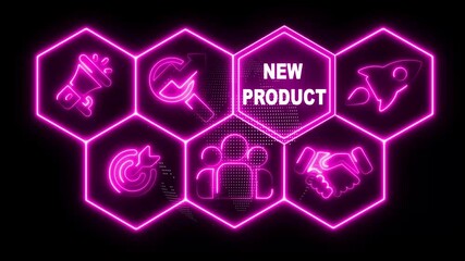 Glowing neon line New Product business concept on rotating world map icon with alpha channel. Technology and network concept. Animated Dynamic wave of color particles. Digital technology background.