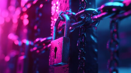 Wall Mural - a close-up view of a metallic padlock chained securely. the scene is illuminated with vibrant purple